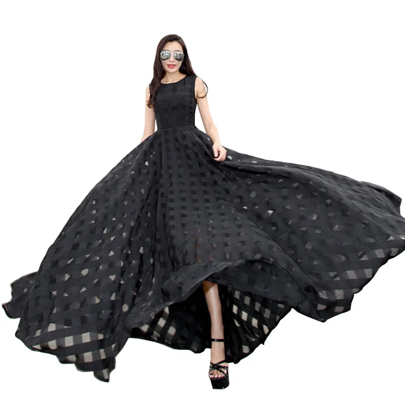 

Runway Collection Designer Dress Summer Style Women Vintage Organza Black Long Party Dresses Checker Maxi Beach Dress Beachwear