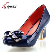 Large size 34-43round toe sweet bowtie thick high heels women shoes fahsion brand ladies shallow patent PU leather Elegant pumps