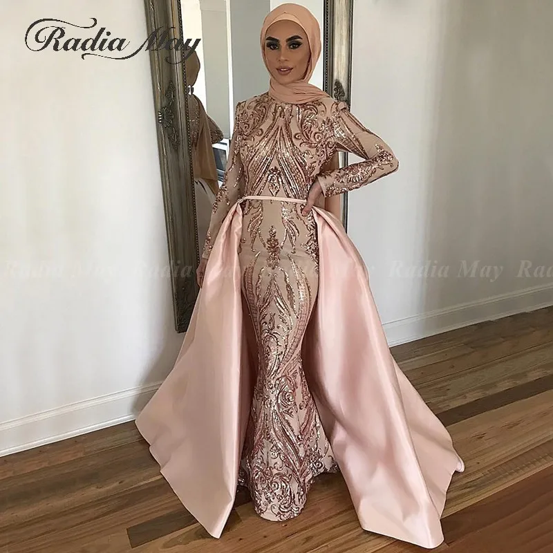 

Rose Gold Sequined Mermaid Muslim Evening Gowns with Detachable Train Long Sleeves Arabic Pink Dubai Formal Prom Dresses 2019