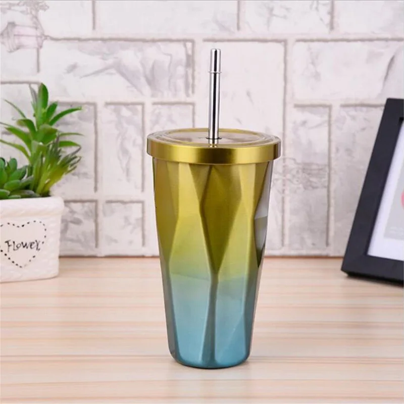 500 ml Нержавеющая сталь высокий стакан с соломинкой градиент Цвет кружка с двойными стенками кружки, кофейные кружки LBShipping