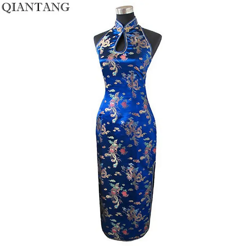 

Navy Blue Traditional Chinese Halter Cheongsam Long Qipao Backless Costume Dress Size S M L XL XXL XXXL Mujeres Vestidos J3400