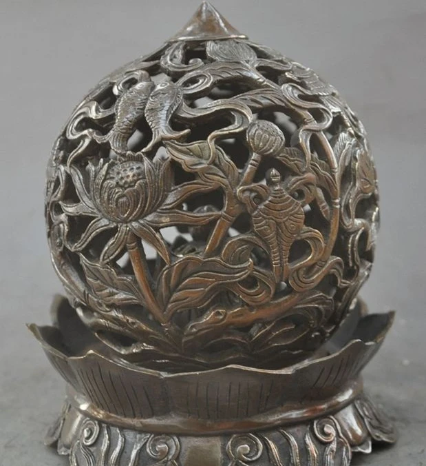 

7"chinese buddhism pure bronze lotus leaf lucky statue incense burner Censer