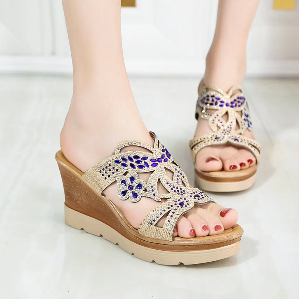 

Rhinestone Crystal Sandals Open Toe Hollow Out Slip On Wedges Flowers Prints Thick Bottom Slides Summer Beach Roman Style Shoes
