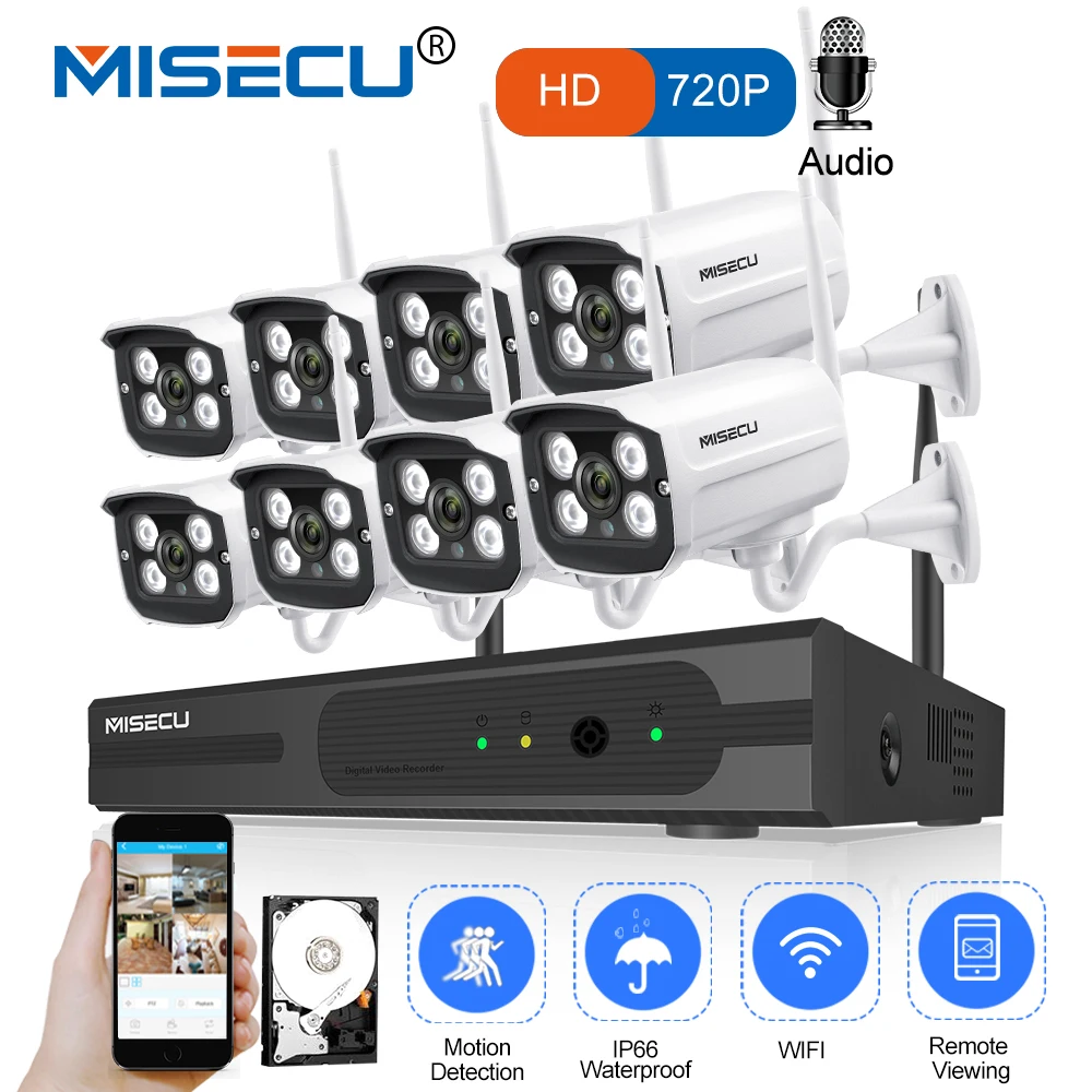 

MISECU 8CH NVR WIFI System720P 1MP IP WIFI Camera Audio Record Outdoor Waterproof Plug Play Wireless P2P Night CCTV Security