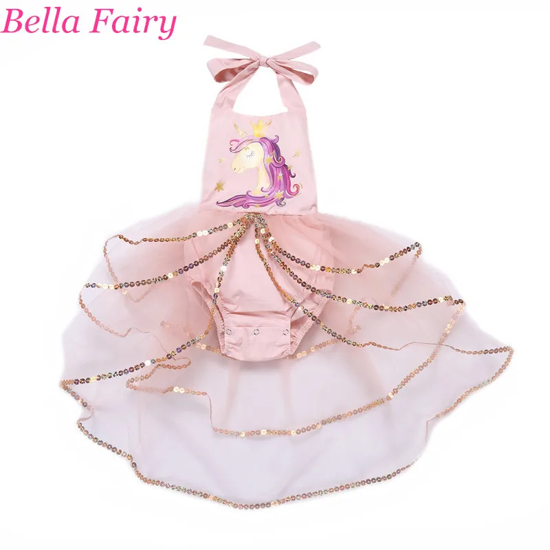 

Unicorn Baby Dress Christmas Dress Baby Girl clothes Printed Halter Princess Tutu Sequin Mesh Toddler Kids Romper Clothes