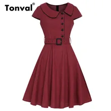 Tonval Borgoña abotonada Vintage Plaid vestido de mujer ropa de manga de casquillo vestido de oficina de señora de verano túnica Retro una línea vestidos