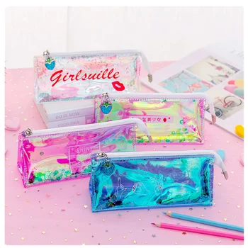 

Clear PVC Cute Pencil Case Kawaii Transparent Sequin School Pen Pencilcase Gift Supplies Stationery Women Office Cosmetic Bags