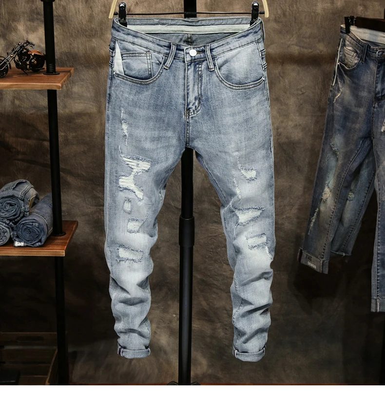 Ripped Jeans for Men Skinny Light Blue Gray Stretch Slim Leg Streetwear Distressed Moto Biker Jeans