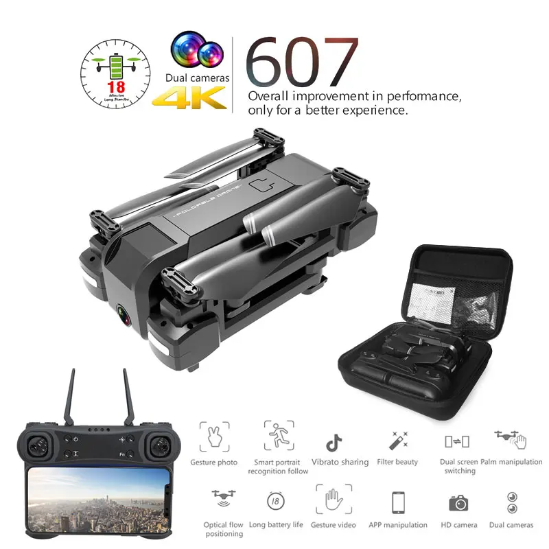 

Newest 607 Quadcopter with Wifi FPV 4K/1080P HD Dual Camera Optical Flow Selfie Drone Foldable Mini Dron VS SG106 visuo xs816