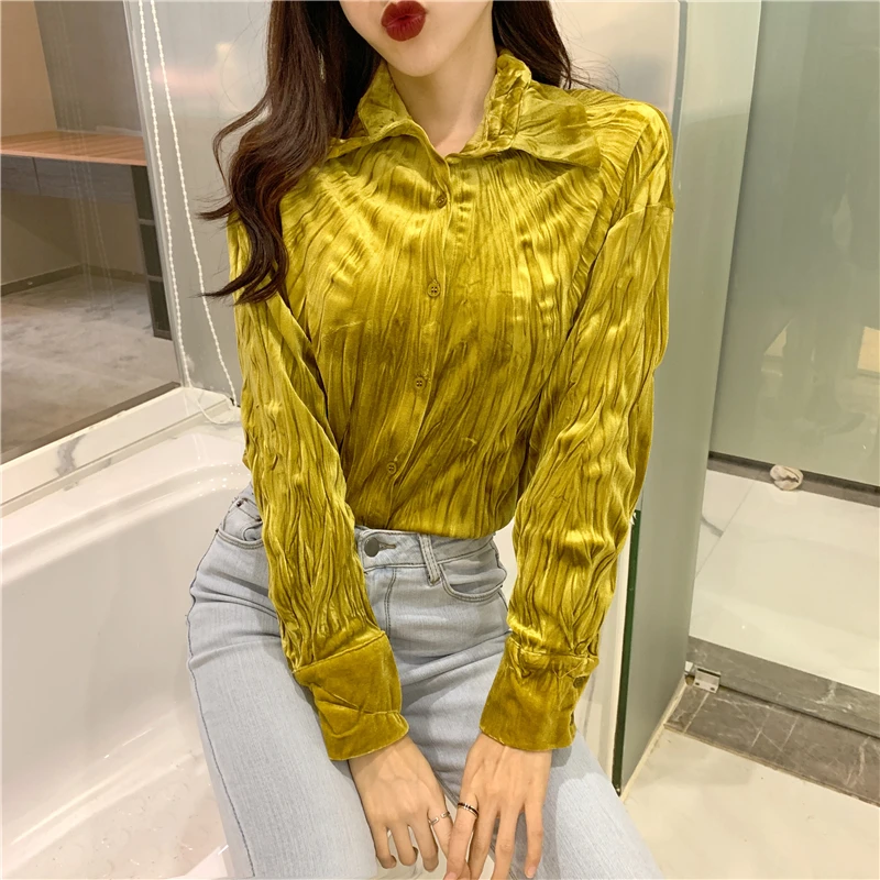 خمر الخامس الرقبة القطيفة واحدة الصدر المرأة بلوزة قمصان فضفاضة الكامل كم Ruched شيك الإناث البلوزات قمم 2019 الربيع الصيف خمر الخامس الرقبة القطيفة واحدة الصدر المرأة بلوزة قمصان فضفاضة الكامل كم Ruched شيك الإناث البلوزات قمم 2019 الربيع الصيف