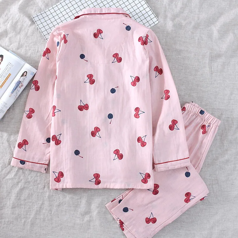 Spring And Autumn New Lady's Pajamas Set Cherry Printed Gauze Cotton Turn-down Collar Long Sleeve Trousers Household Wear