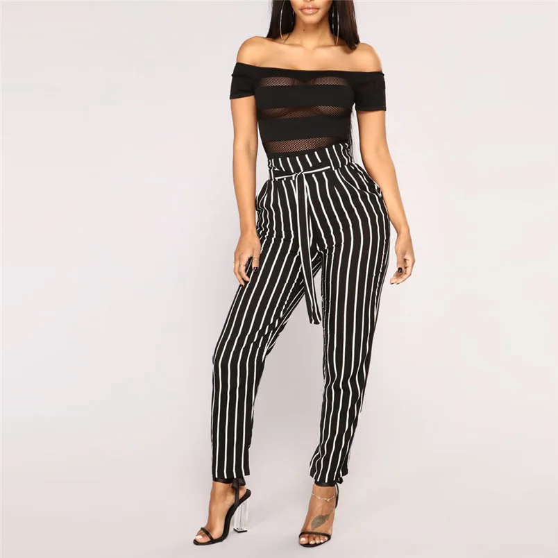 Women Pants 2018 Summer New High Waist Harem Pants Ladies Elegant Bowtie Elastic Waist Fashion Striped Casual Long Pants #J22 (23)