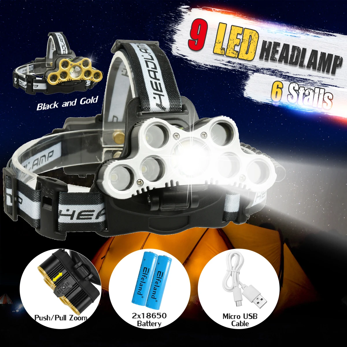 

Rechargeable 9*LED T6 Headlamp 45000LM 6 Stalls Zoom Camping Hunting Lamp Waterproof Fishing Head Light Torch 18650/USB Latern