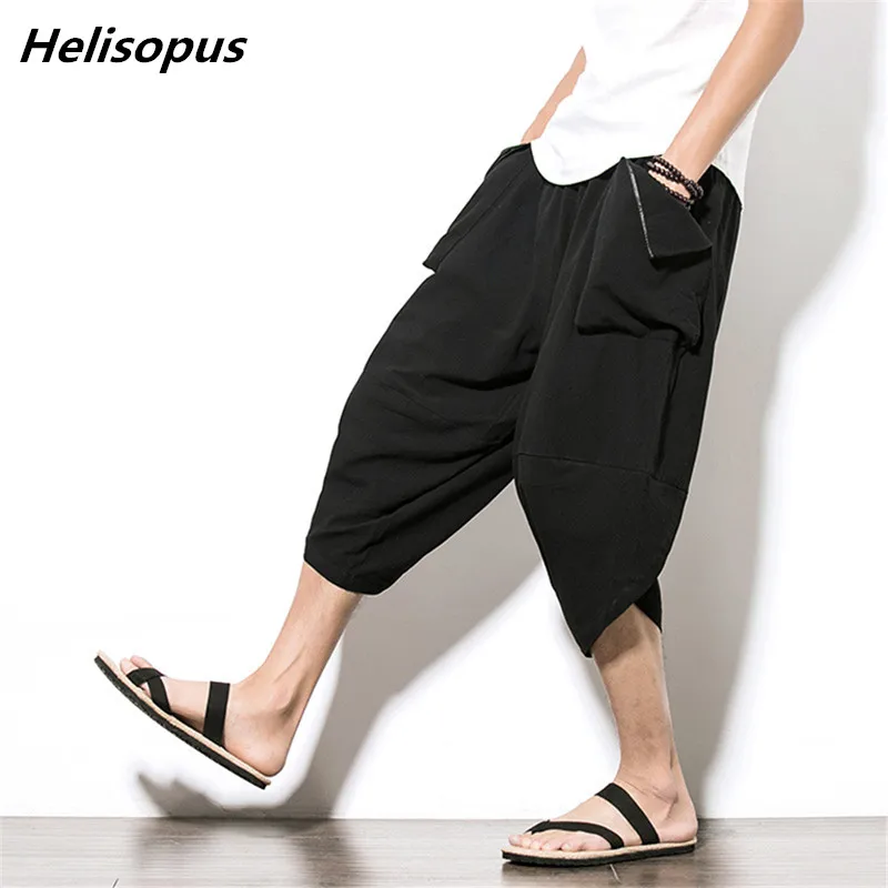 

Helisopus 2018 Summer Men Cotton Linen Harem Pants Fashion Casual Loose Cross Pants With Pockets Hip Hop Male Joggers Trousers