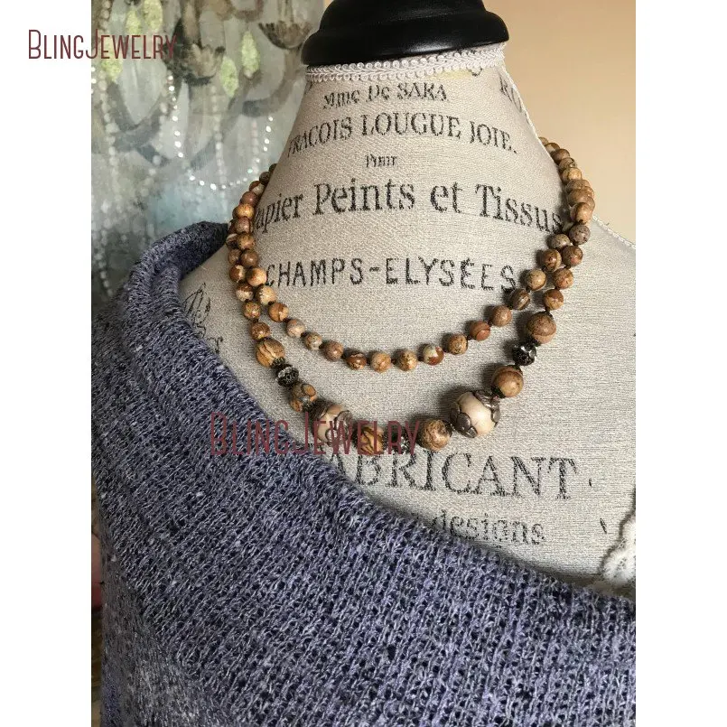 Organic Rustic Boho Glam Handknot Neutral Picture Jaspers Tan Beads Nepal Shell Beads Layering Double Wrap Necklace NM11293