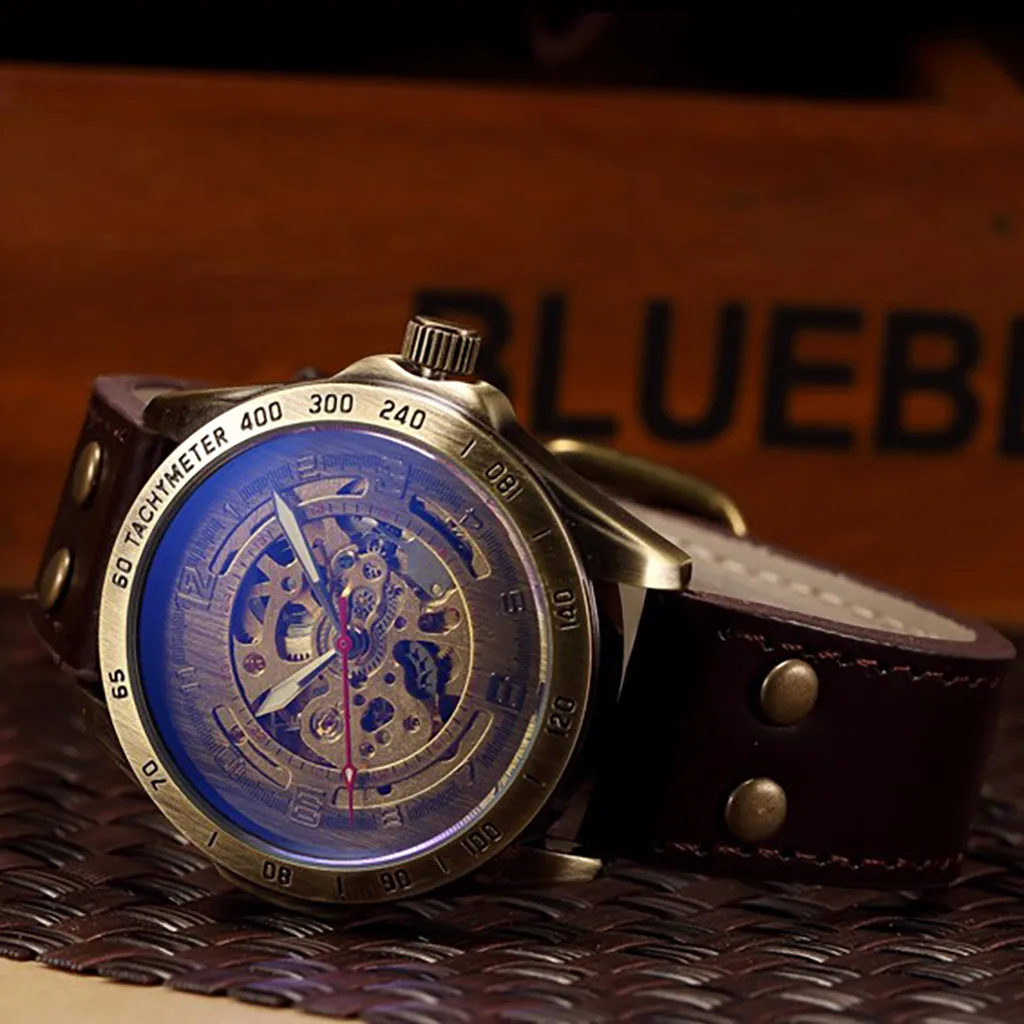 

Skeleton Mechanical Watch Automatic Watch Men Steampunk Bronze Transparent Automatic Mechanical Wrist Watches Clock for Men LD