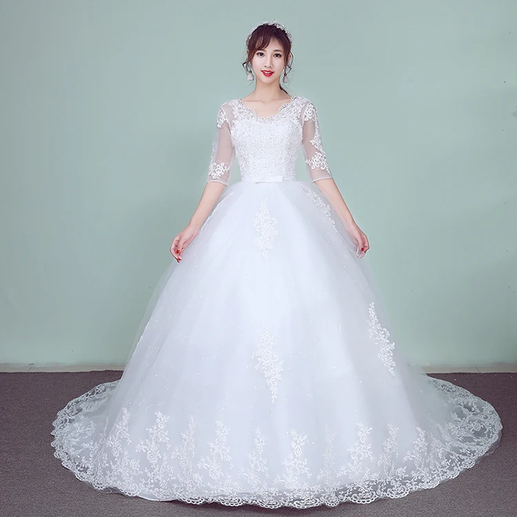 

Do Dower Lace Embroidery Half Sleeve 2019 Wedding Dresses Long Train Wedding Gown V Neck Elegant Plus Size Vestido De Noiva