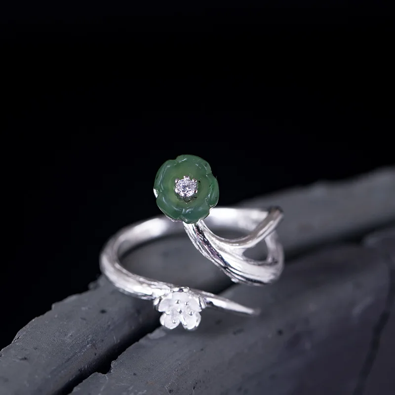 Фото 925 серебряные кольца для женщин яшма цветок сливы филиал открытие кольцо
