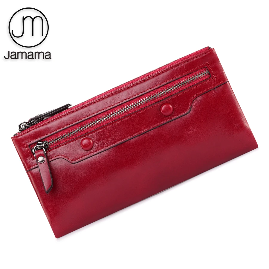 

Jamarna Genuine Leather Wallet Women Long Clutch Red Purse Card Holder Coin Wallet Female Double Zipper Wallet For Women