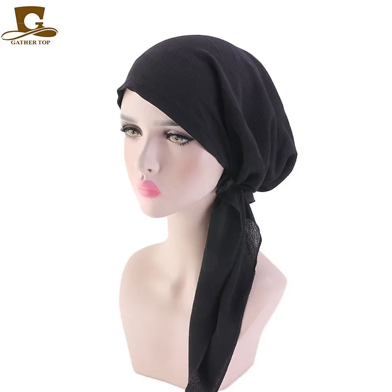 Модная мусульманская хиджабы для женщин однотонная хлопковая плиссированная шапка с длинным хвостом цветочный принт тюрбан для леди Очаровательная турбано шапочка для химиотерапии - Цвет: black