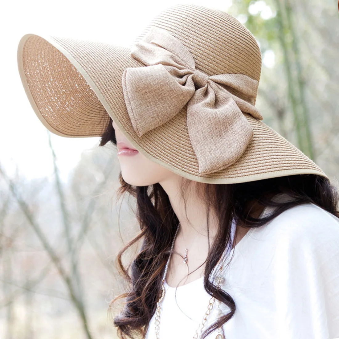 

1Pc Summer Large Brim Straw Hat Floppy Wide Brim Sun Cap Bowknot Beach Foldable New summer beach hat