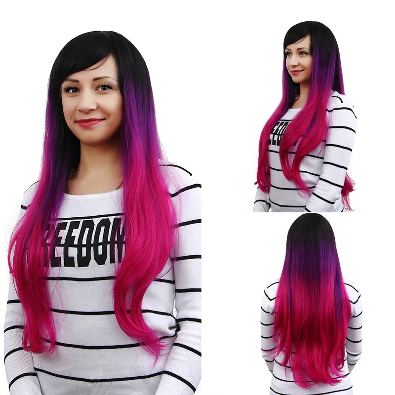 

Natural Wave Long Black Purple Pink Ombre Lolita Wig Cosplay Costume Synthetic Colorful Hair Wigs For Women Christmas Party