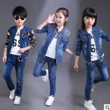 2017 novas crianças denim ternos de roupas de marca meninas conjuntos de calça + casaco de impressão moda jeans para crianças de bebê da marca meninos conjunto de roupas