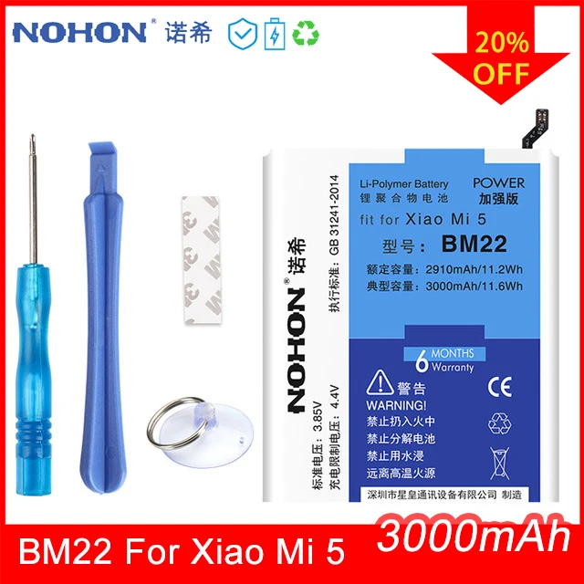 Billige NOHON Batterie BM22 Für Xiao mi mi 5 mi 5 Hohe Kapazität 3000 mAh Handy Ersatz Batterien Kostenloser Werkzeuge einzelhandel Paket