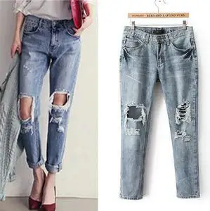 

Free shipping Washed hole pencil jeans woman fashion Loose denim trousers
