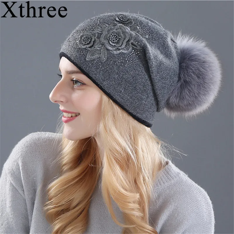 Beste Xthree vrouwen winter muts konijnenbont wol gebreide muts de vrouwelijke van de nertsen hoeden voor vrouwen mutsen