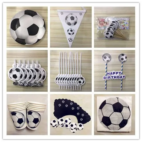 

Hot 2019 White Black Football Soccer Theme Disposable Tableware Sets For Event Festive Birthday Party Tableware Decor Supplies