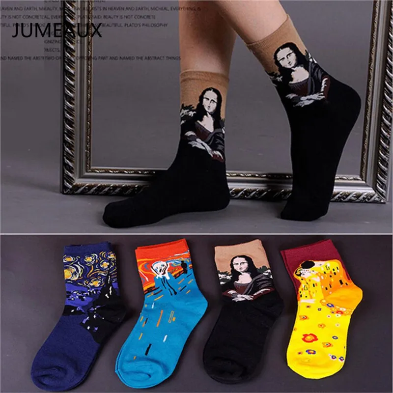 

JUMEAUX 4 Pairs/Lot New Style Europe Retro Abstract Oil Paiting Women Men Middle Tube Socks Cotton Socks Clothing Accessories