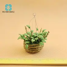 Миниатюрный 1:12 кукольный домик ручной работы, глиняная зелень в тканом горшке, подвесное растение