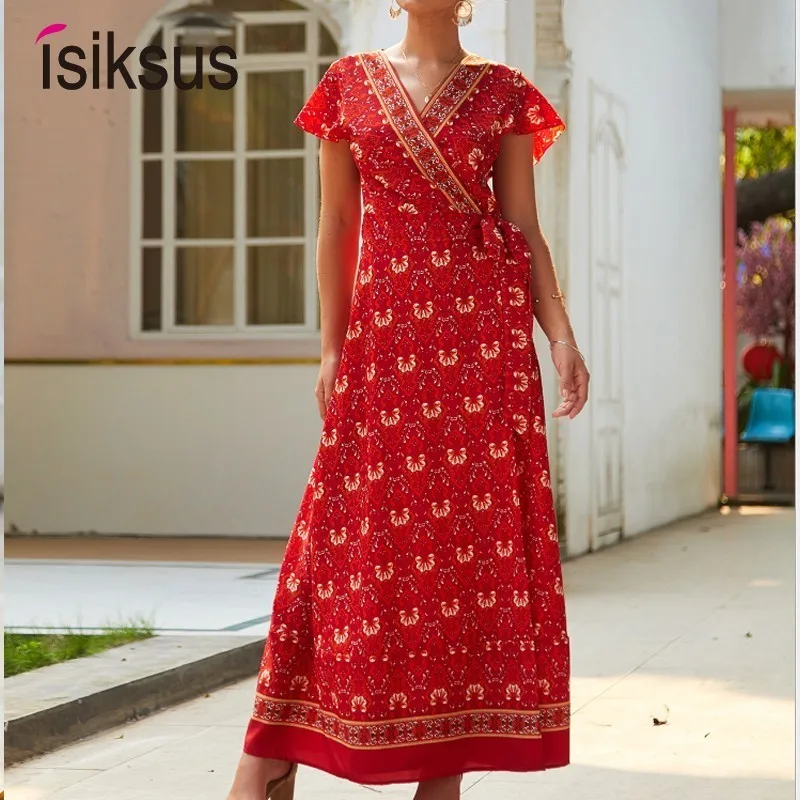 

Isiksus Sexy Beach Summer Dress Women Boho Long Summer Dress Maxi Women Dress Elegant Floral Print 2019 Bohemian Sundress DR158