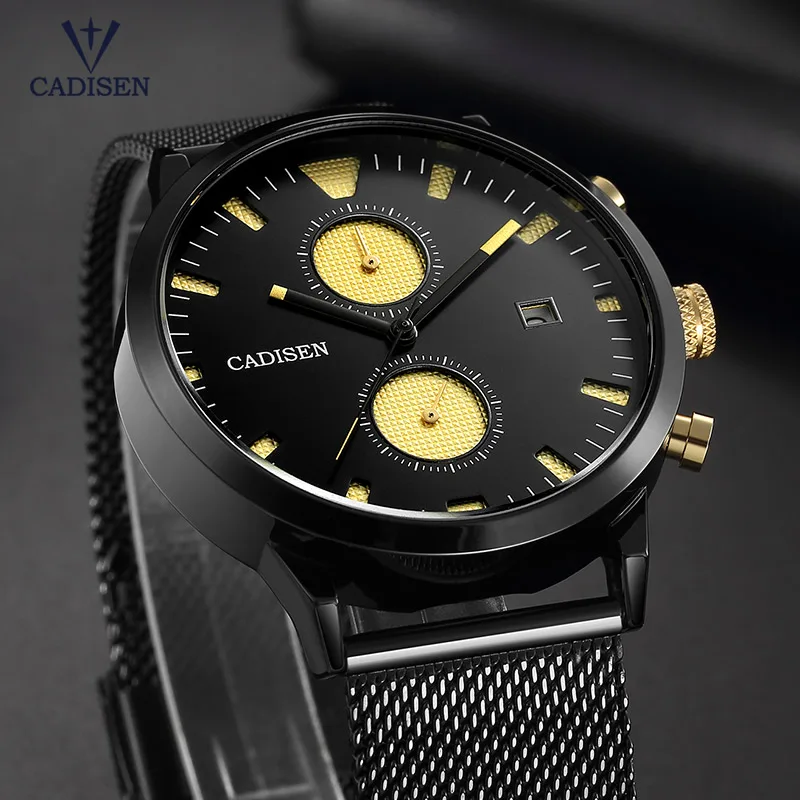 

Cadisen Men's Stailess Steel Mesh Band Chronograph Quartz Watches Fashion Business Analogue Wristwatch for Man Black CS2023G-2