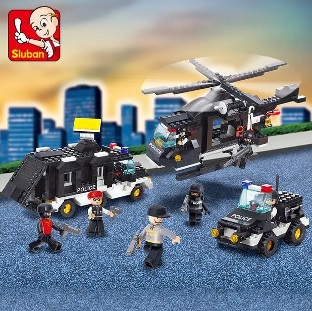 

Sluban 499pcs police riot swat DIY building blocks police helicopter car bricks kids toys gift compatible famous brand 002