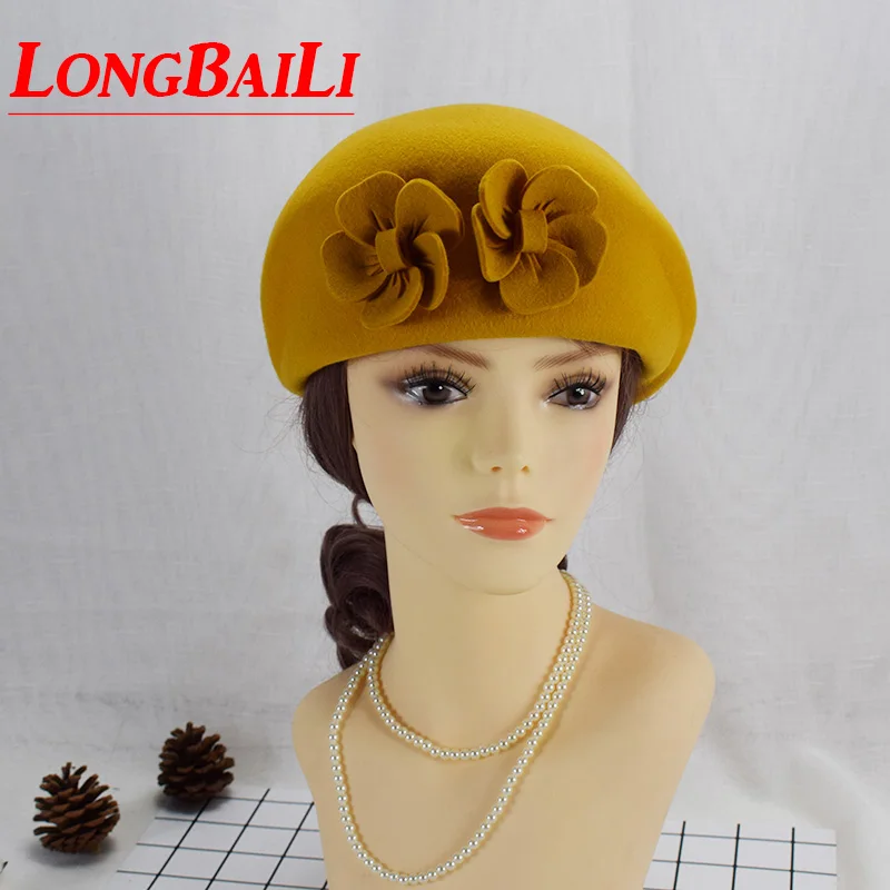 Зима 59 см большой головной убор винтажный желтый шерстяной фетровый берет шапки для женщин кадетские шапки женские PWFR017