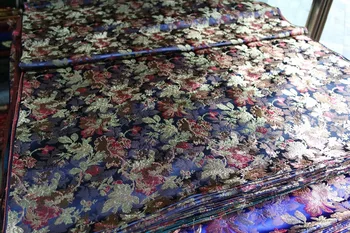 

chinese silk brocade fabric cheongsam cushion 90CM half rayon dark blue back with red and gold peony flowers pattern
