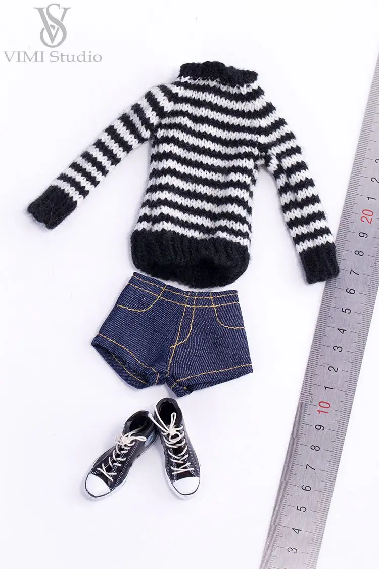 VIMI Studio 1/6 черный свитер джинсы короткие брюки костюм Одежда Fit/12 дюймов женский Phicen/Jodoll/VERYCOOL кукла тела VS033 - Цвет: Black