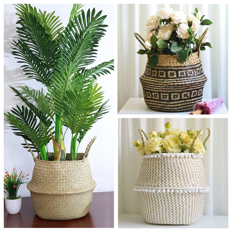 WHISM Folding Seagrass Flower Basket Multifunction Laundry Storage Baskets Garden Flower Pot Planter Decoration Home Organizer