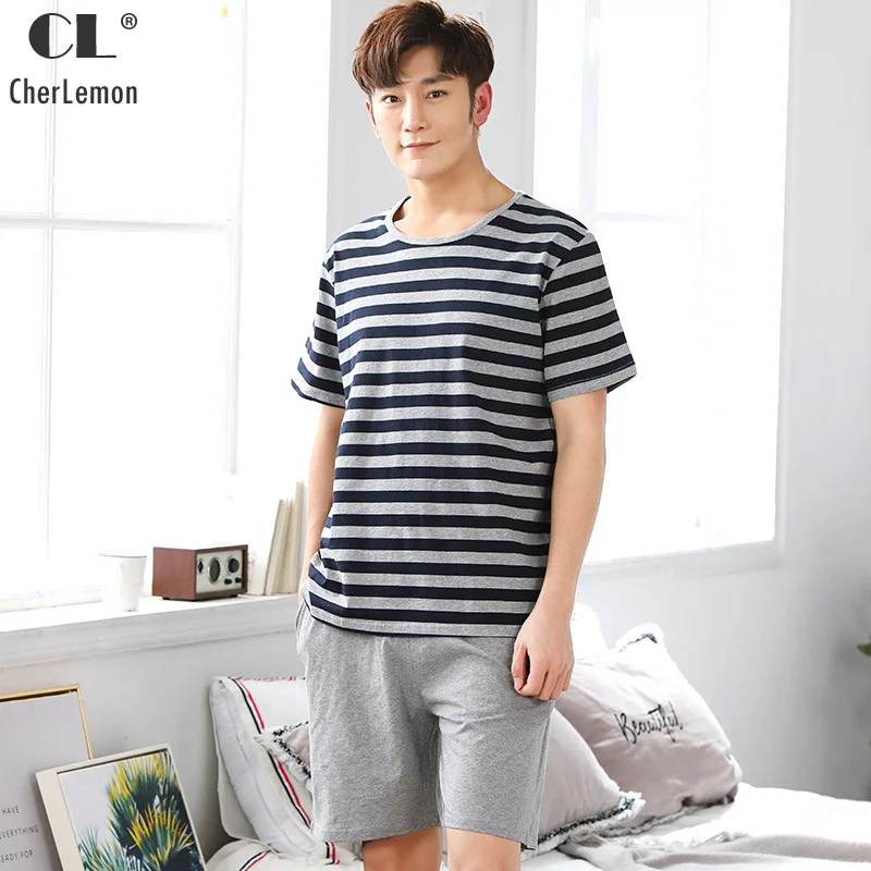 CherLemon Men's Summer Cotton Sleepwear Casual Crew Neck Striped Short