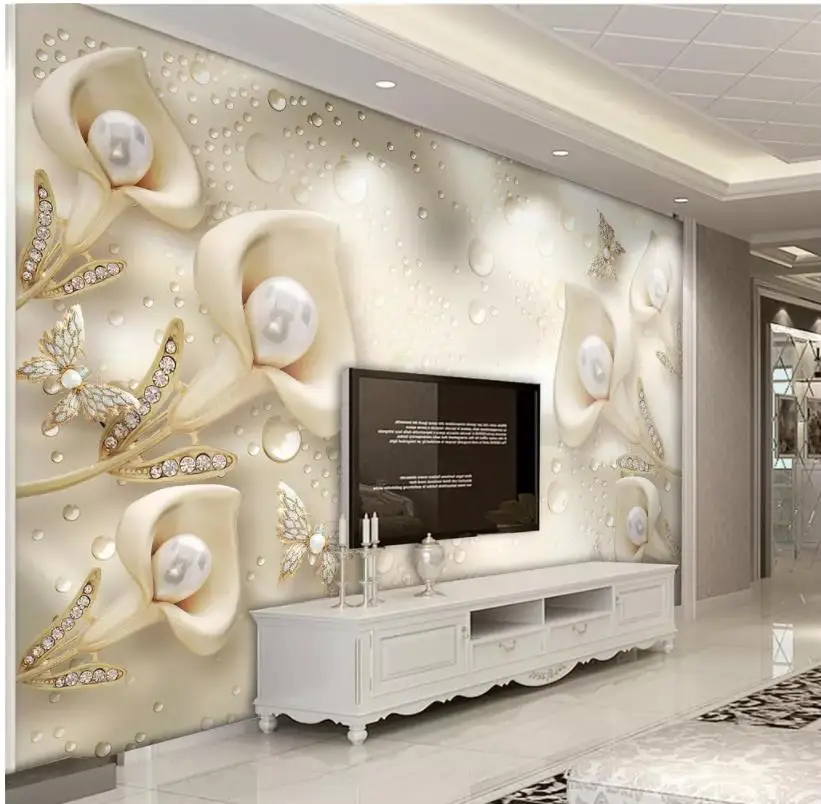 

Custom 3d Mural Wallpaper 3d calla butterfly silk water wave reflection TV background Wallpaper 3d Mural For Living Room
