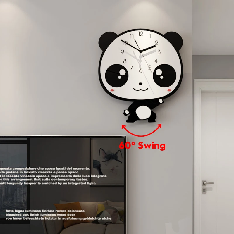 

MEISD Lovely Cartoon Cute Panda Creative Wall Clock Modern Design 60° Swingable Kid Child Room Clocks Home Decor Free Shining
