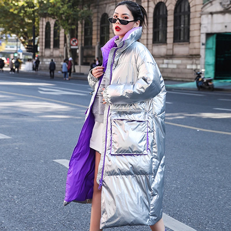 Meilleur 2019 hiver argent noir canard doudoune femmes col roulé col Long vers le bas Parkas femme épaissir chaud lâche manteau neige Outwear