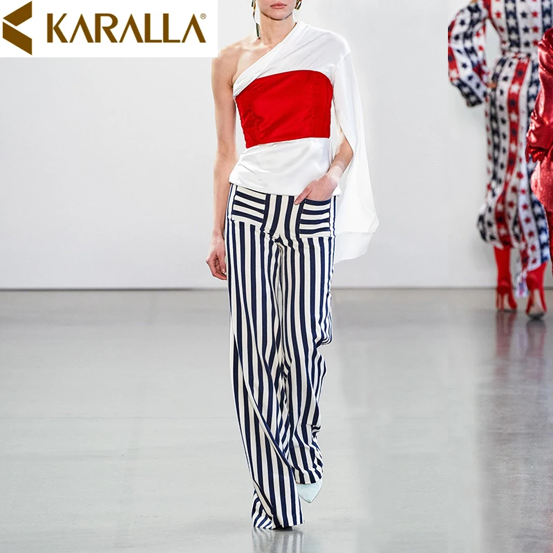 

European Hot Temperament Patchwork Asymmetrical Sleeves Tops + Stripe Wide-leg Pants Women Fashion Two-piece Suit Sets C400