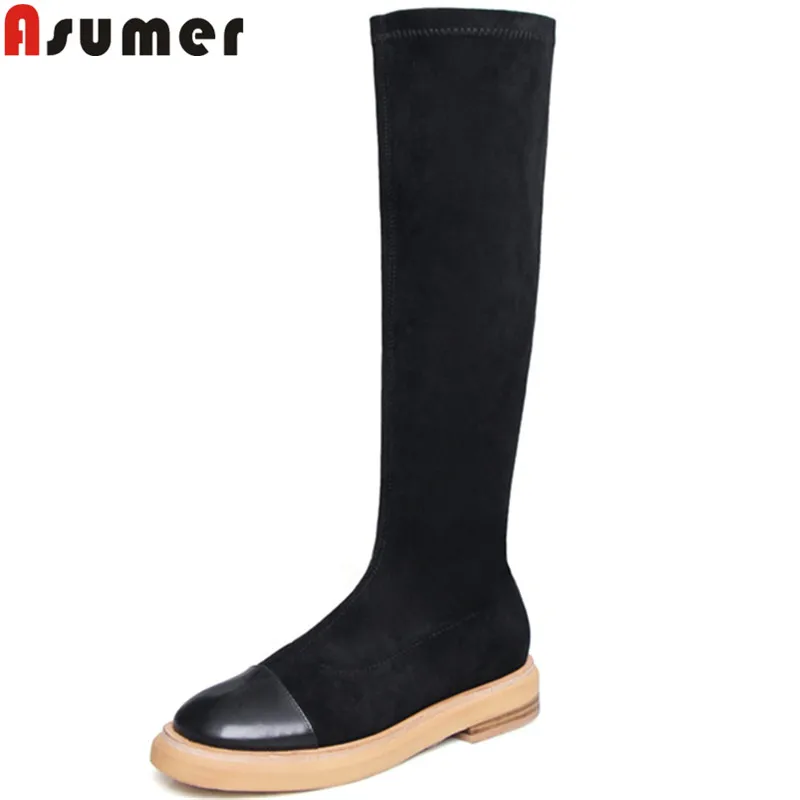 

ASUMER black fashion autumn winter boots round toe low heels knee high boots women stretch fabric+cow leather boots ladies shoes