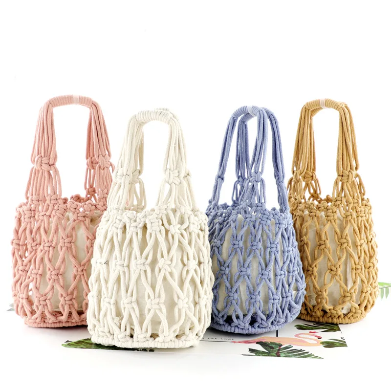 

2019 Beach Shopping Mini Hollow Out Cotton Thread Knitting Hand Bag for Women with Liner Package