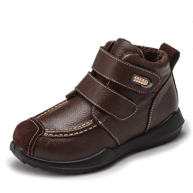 Зимние ботинки для мальчиков; теплые детские теплые ботинки на меху; модная водонепроницаемая обувь из натуральной кожи; детские спортивные ботильоны с плюшем; Ботинки martin - Цвет: Brown