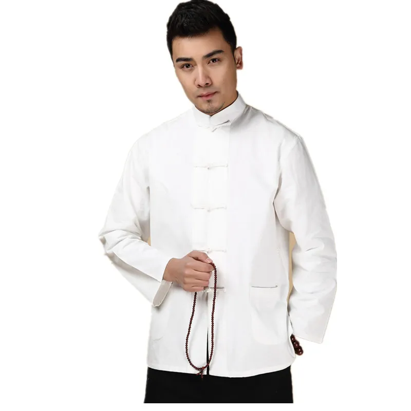 White Chinese Style Kung Fu Men's Solid Cotton Full Sleeve Mandarin