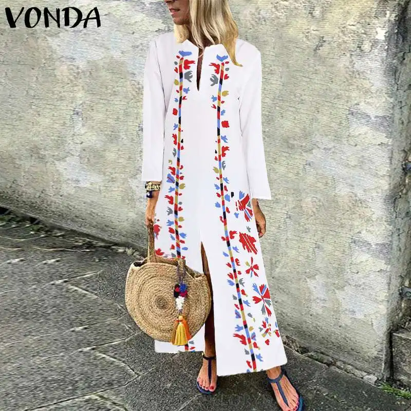 

Women Vintage Maxi Printed Dresses Floral Long Sleeve Sexy V Neck Split Hem Dress Holiday Bohemian Sundress Plus Size Vestidos